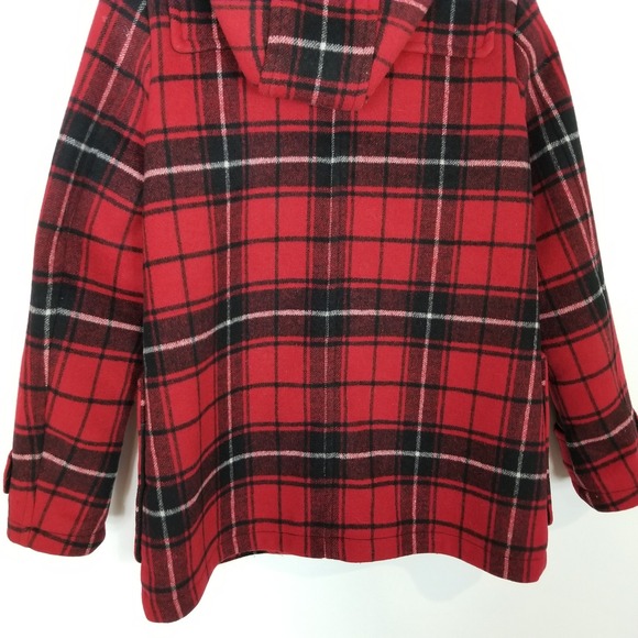 Gap Contrast Wool Blend Toggle Coat Sz M Red Black Plaid Classic Academia Hooded - Picture 7 of 11